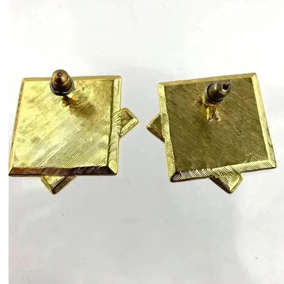 VTG Gold Tone Square Green Enamel Earrings Retro 1" Stamped R - Picture 7 of 11